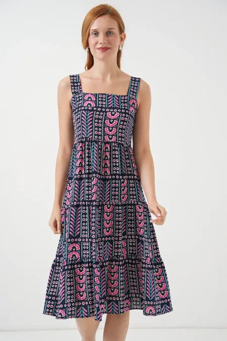 Robe midi à bretelles à motifs pour femme 2577 - Bleu marine
