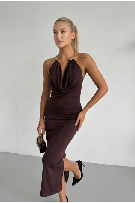 Robe Sandy marron pour femme, avec accessoire au cou et fente latérale, longueur midi HZL26S-FRY123841