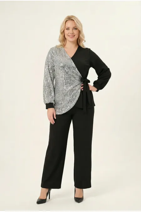 Women's Silver Black Plus Size Sequin Detail Pants and Blouse Evening Dress Set HZL26W-PR10011