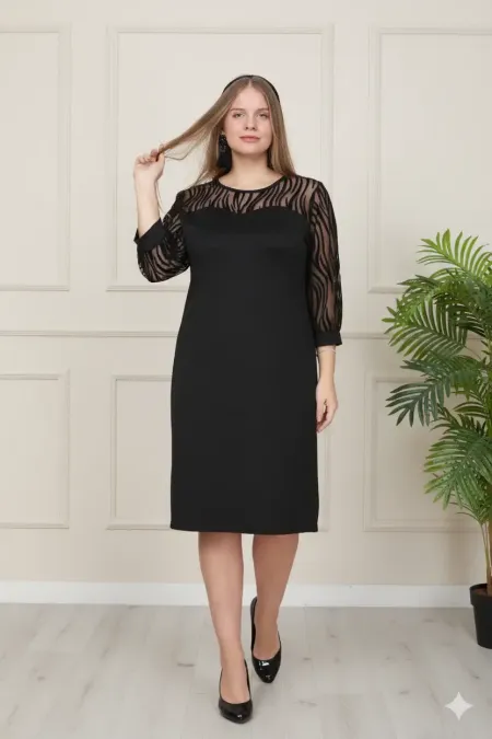 Kadın Siyah Büyük Beden Flok Kol Elbise HZL26S-PR11161
