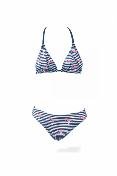 Ensemble bikini triangle à rayures bleu marine et blanches à motif flamant rose pour filles (4-12 ans) HZL24S-LC171
