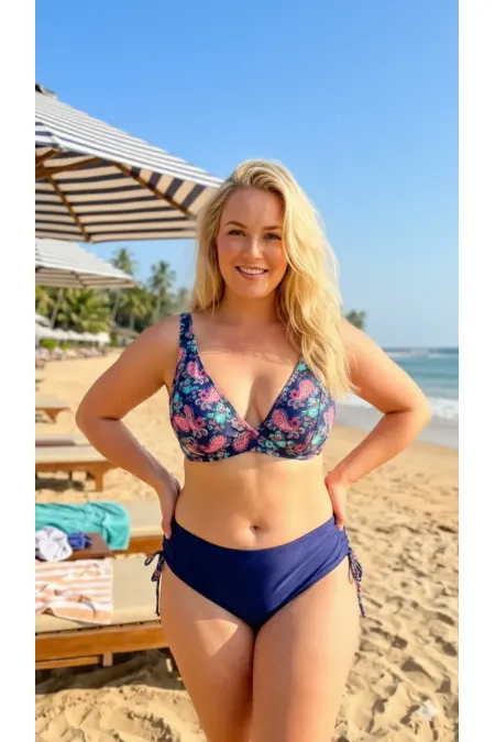 Ensemble bikini grande taille doublé à motif cachemire bleu marine et rose pour femme HZL26S-LC3341
