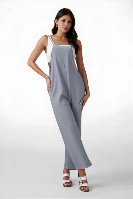 Kadın Gri Ayarlanabilir Askılı Cepli Bol Paça Bahçıvan Tulum HZL22S-BD170191