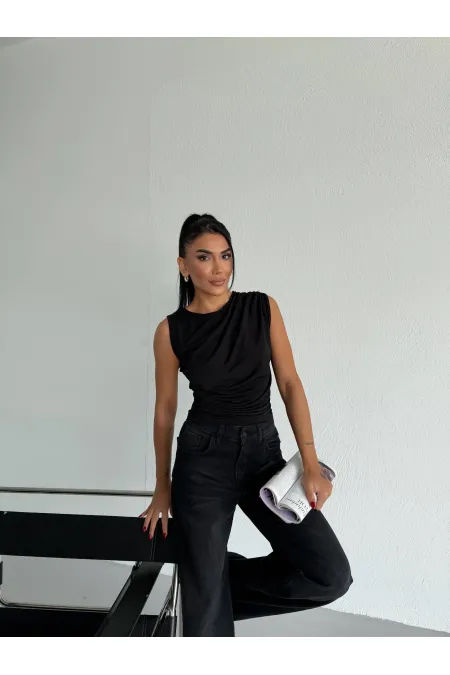 Kadın Siyah Büzgülü Kolsuz Sandy Bluz HZL26W-FRY122751