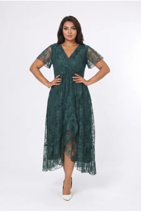 Kadın Yeşil Büyük Beden V Yaka Astarlı Dantel Detaylı Şık Abiye Elbise HZL26S-PR11071