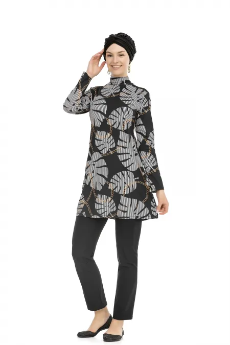 Kadın Siyah Desenli Uzun Kollu Tesettür Mayo HZL25S-AR268-515