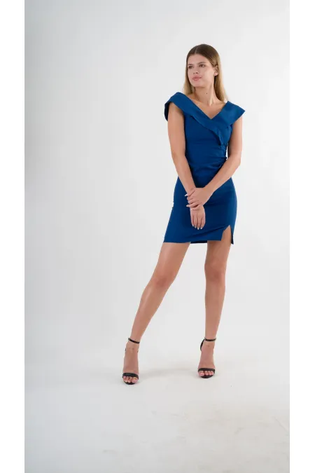 Kadın Lacivert V Yaka Yırtmaç Detaylı Kolsuz Elbise HZL24S-YY272