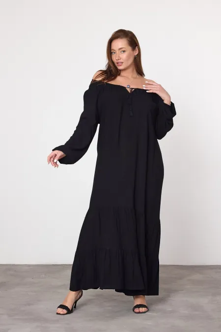 Kadın Siyah Madonna Yaka Kolu Lastikli Uzun Viskon Elbise HZL25S-VM10331