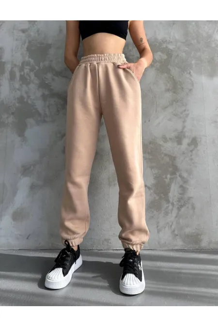 Pantalon de survêtement beige pour femme, taille élastique avec poches et ourlet surélevé à 3 fils, HZL24W-ZK12321