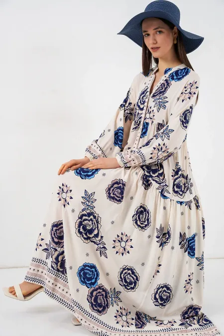 Kadın Desenli Uzun Tesettür Elbise 2585 - B.Lacivert