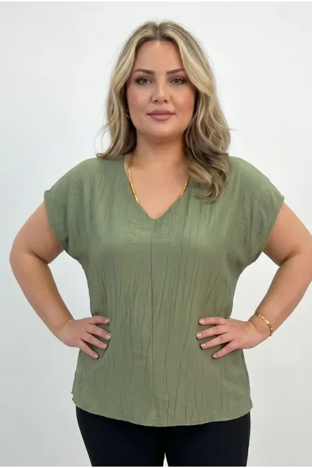 Women's Khaki Plus Size Strawberry Fabric V-Neck Blouse HZL26S-ZSS110071 Women's Khaki Plus Size Strawberry Fabric V-Neck Blouse HZL26S-ZSS110071