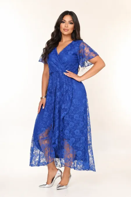 Kadın Saks Mavi Büyük Beden V Yaka Astarlı Dantel Detaylı Şık Abiye Elbise HZL26S-PR11071