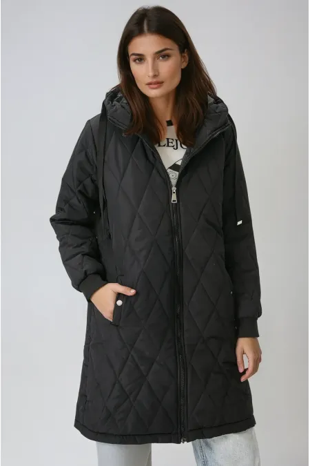 Kadın Siyah Kapitone Uzun Şişme Mont HZL22W-BD151381