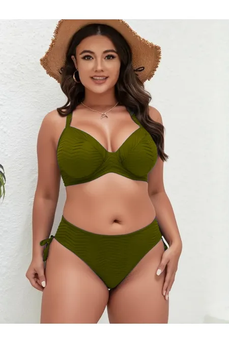 Women's Khaki Patterned Plus Size Lined Bikini Set HZL25S-LC4004