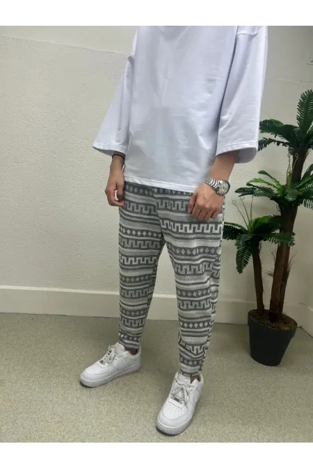 Pantalon de survêtement écru à motifs ethniques pour homme, coupe droite, avec poches et lien à la taille, HZL24S-MXC8948-245