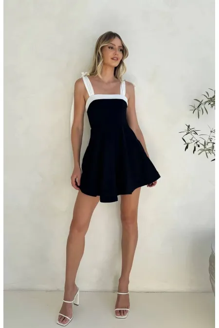 Kadın Siyah Beyaz Detaylı Askı Bağlamalı Mini Elbise HZL24S-FRY122001