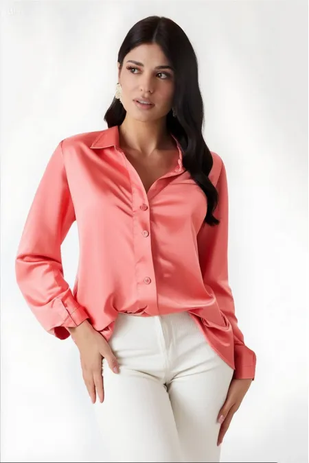 Kadın Somon Hafif Dökümlü Saten Yüzeyli Gömlek HZL22W-BD139641