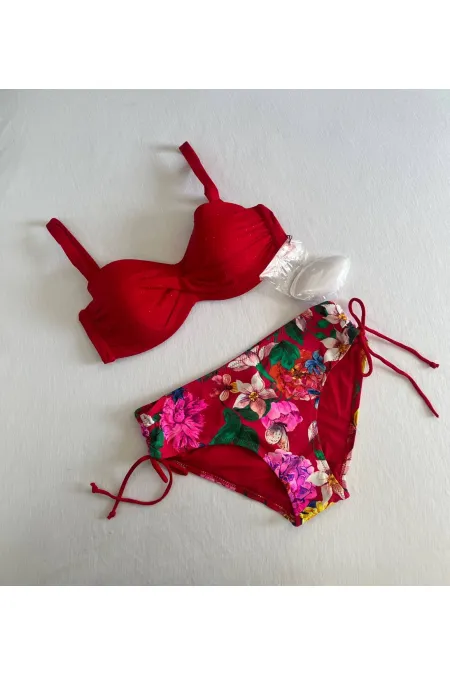 Ensemble bikini à motifs floraux brodés en pierre rouge pour femme HZL25S-LC3368