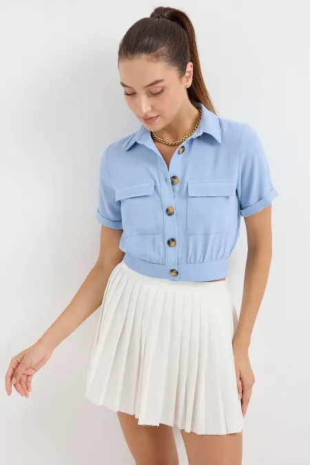 Veste courte d'été boutonnée à manches courtes et poches bleu glacier pour femme HZL22S-BD106631