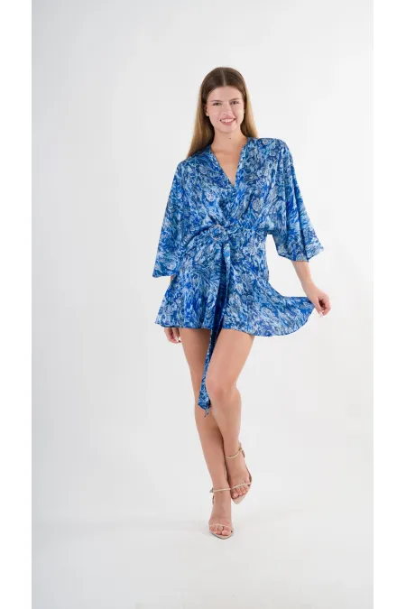 Kadın Mavi Desenli Saten Yüzeyli V Yaka Halka Detaylı Kuşaklı Mini Elbise HZL24S-YY230