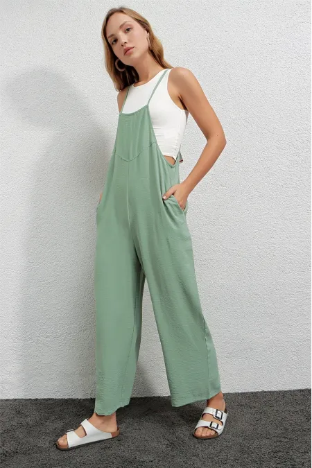 Women's Light Green Adjustable Strap Pocketed Wide Leg Overalls HZL22S-BD170191 Women's Light Green Adjustable Strap Pocketed Wide Leg Overalls HZL22S-BD170191
