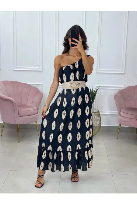 Kadın Siyah Baskılı Omuzdan Bağlamalı Astarsız Uzun Elbise HZL24S-DSB135911
