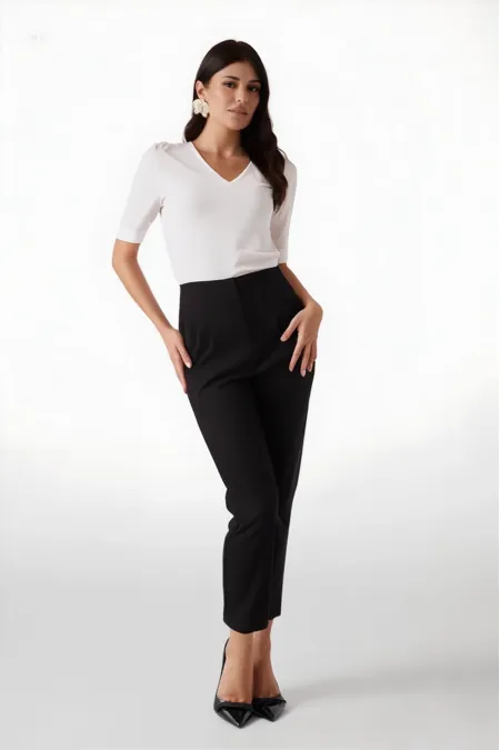 Pantalon en tissu noir taille haute zippé pour femme HZL25W-BD166501