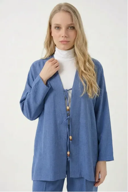 Kadın Lacivert Keten Bağlama Detaylı Kimono Pantolon İkili Takım HZL26S-BD167271