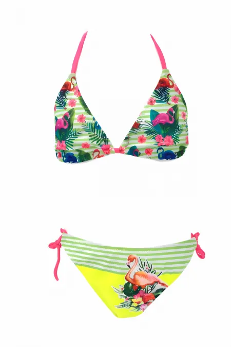 Ensemble bikini triangle vert à motif flamant rose pour filles (6-14 ans) HZL26S-LC9018