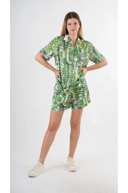 Kadın Yeşil Desenli Şort Gömlek Alt Üst Takım  HZL24S-YY226