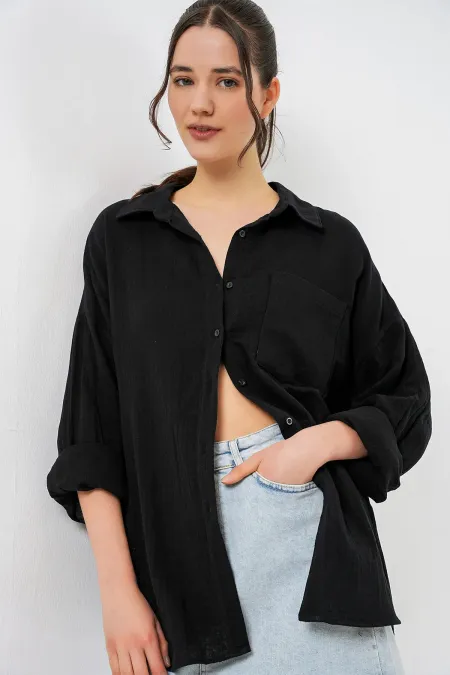 Women's Single Pocket Oversize Muslin Shirt 20353 - Black
