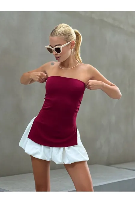 Kadın Bordo Yanı Büzgülü Çift Yırtmaçlı Straplez Bluz HZL24S-ZK13091