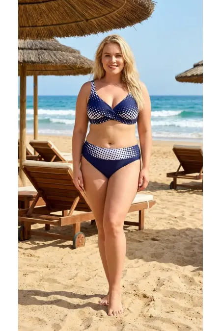 Ensemble bikini doublé grande taille à pois bleu marine et blancs pour femme HZL26S-LC21202-6