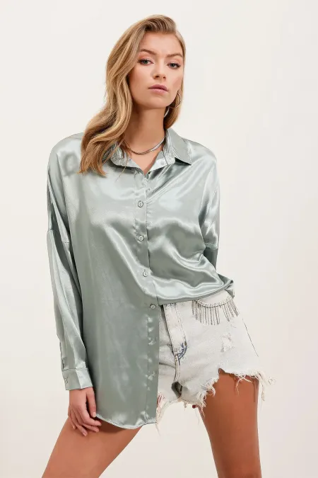 3985 Oversize Satin Shirt - Light Green