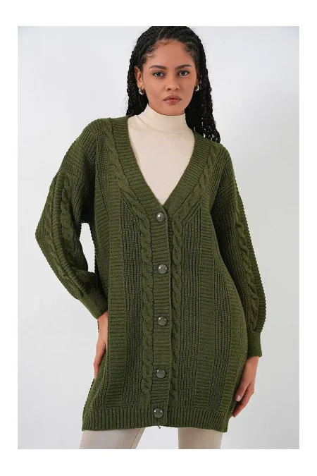 Women's Khaki Braid Pattern Long Buttoned Relaxed Fit Knit Cardigan HZL23W-BD1100691