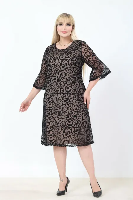 Kadın Bej Büyük Beden İspanyol Kol Astarlı Transparan Dantel Şık Abiye Elbise HZL26S-PR11151