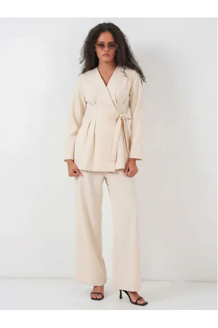 Kadın Kimono Pantolon Kumaş Takım 30054 - Bej