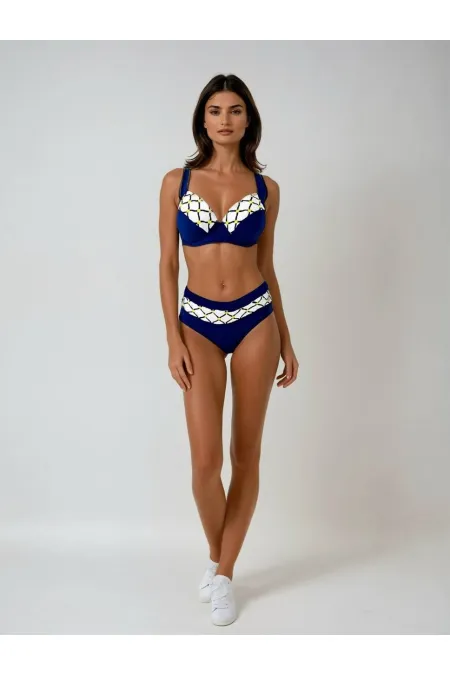 Women's Navy Blue and White Ethnic Patterned Bikini Set HZL25S-LC2220