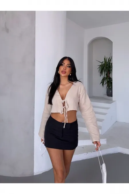 Kadın Bej Önden Bağlamalı Müslin Kumaş Crop Bluz  HZL25S-DSB104071