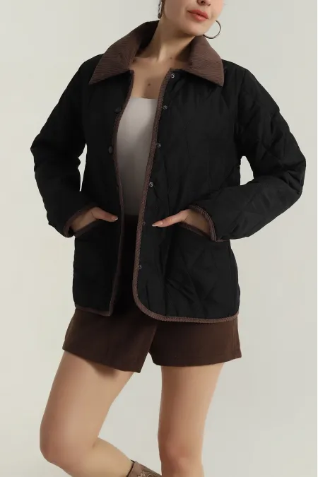 Manteau matelassé en velours noir pour femme avec fermeture à pression HZL25W-BD152261