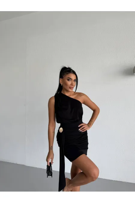 Robe courte noire asymétrique à boucle pour femme, en tissu drapé couleur sable, HZL26S-FRY123881