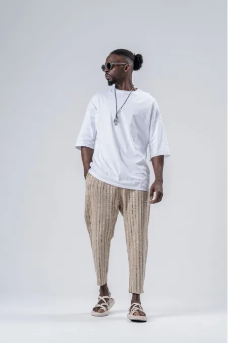 Pantalon de survêtement coupe droite à rayures camel pour homme, avec ceinture nouée à la taille, HZL24S-MXC8948-203