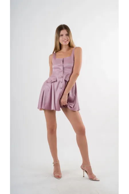 Kadın Gül Kurusu Askılı Önden Düğmeli Cepli Beli Lastikli Şortlu Elbise HZL24S-YY197