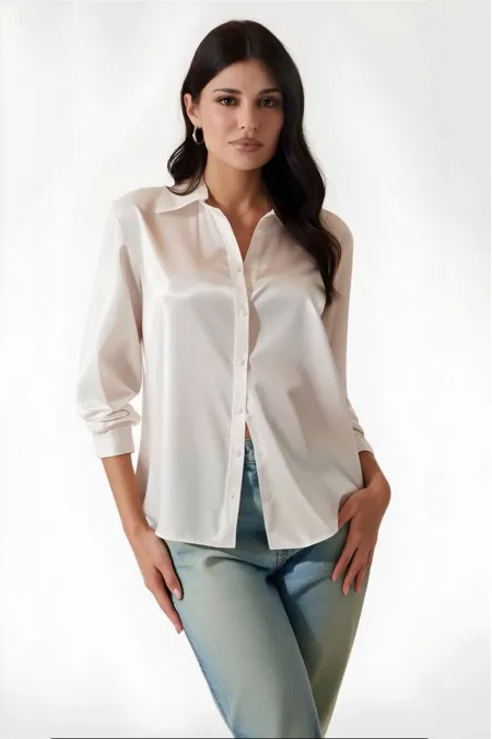 Kadın Yeni Krem Hafif Dökümlü Saten Yüzeyli Gömlek HZL22W-BD139641