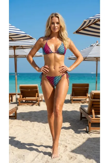 Ensemble bikini triangle dos nu à motif texte vert fuchsia pour femme HZL25S-LC5005