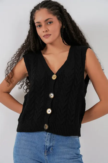 Gilet court boutonné en maille - Noir 15882