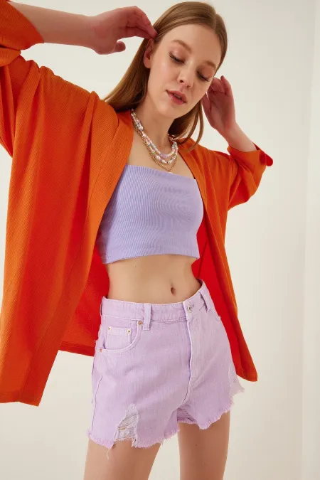 Veste texturée orange à col rabattu et ouverture sur le devant pour femme HZL22S-BD158621