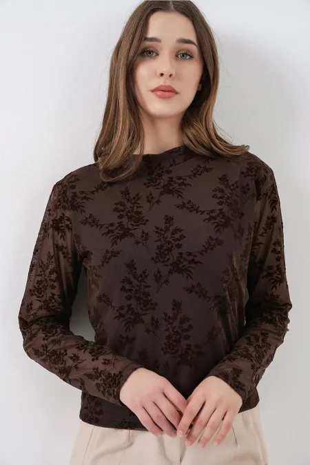 Women's Patterned Long-Sleeve Blouse 983 - Brown