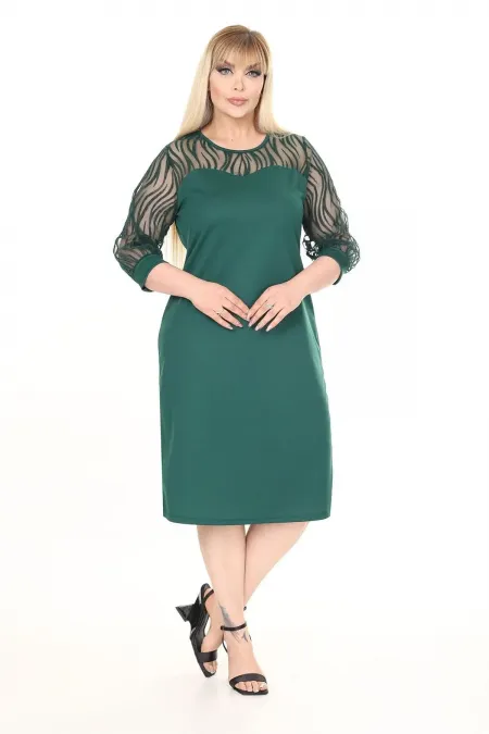 Kadın Zümrüt Yeşil Büyük Beden Flok Kol Elbise HZL26S-PR11161
