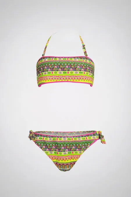 Ensemble bikini sans bretelles à doublure multicolore rose fluo et jaune fluo pour filles de 4 à 12 ans HZL24S-LC6355